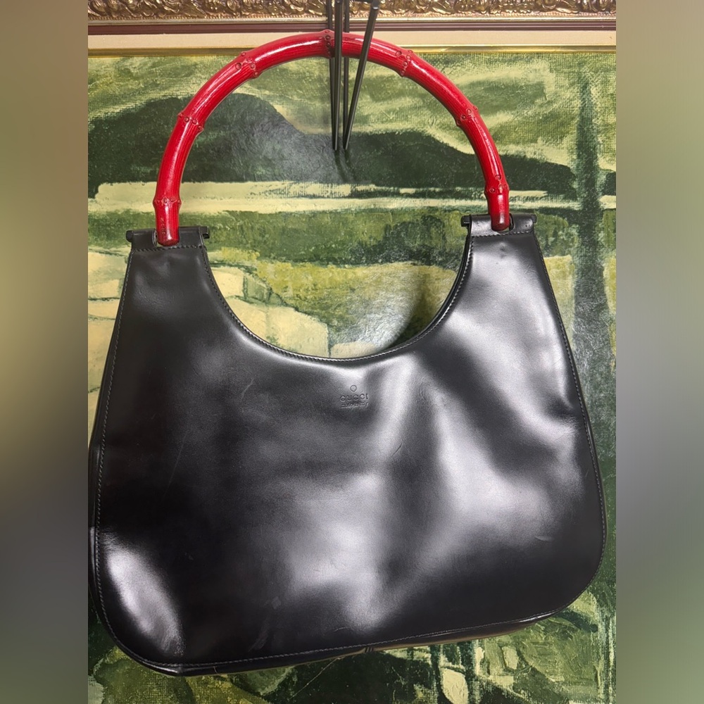 Gucci Black Leather Hobo Bag with Red Bamboo Handles 001 3739 - Picture 10 of 11